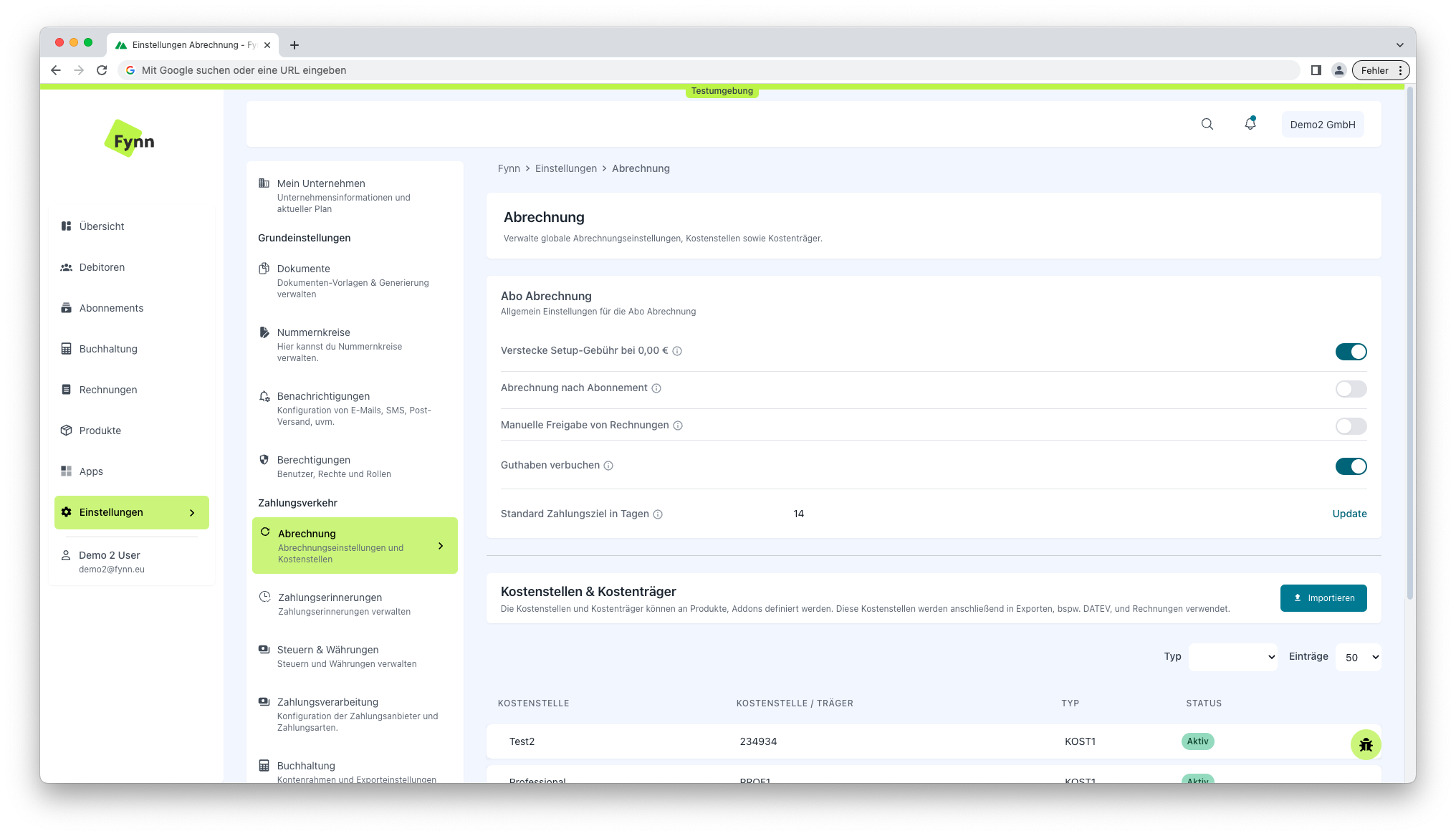 Fynn Tenant Settings Billing