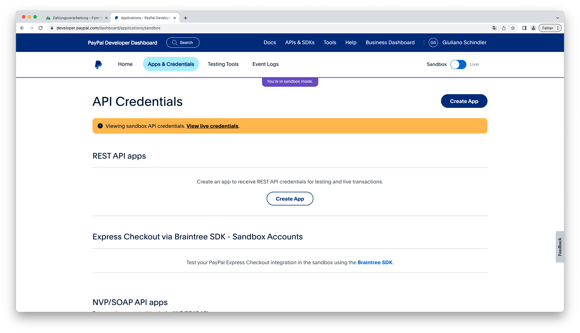 Fynn: PayPal Developer My Apps &amp; credentials