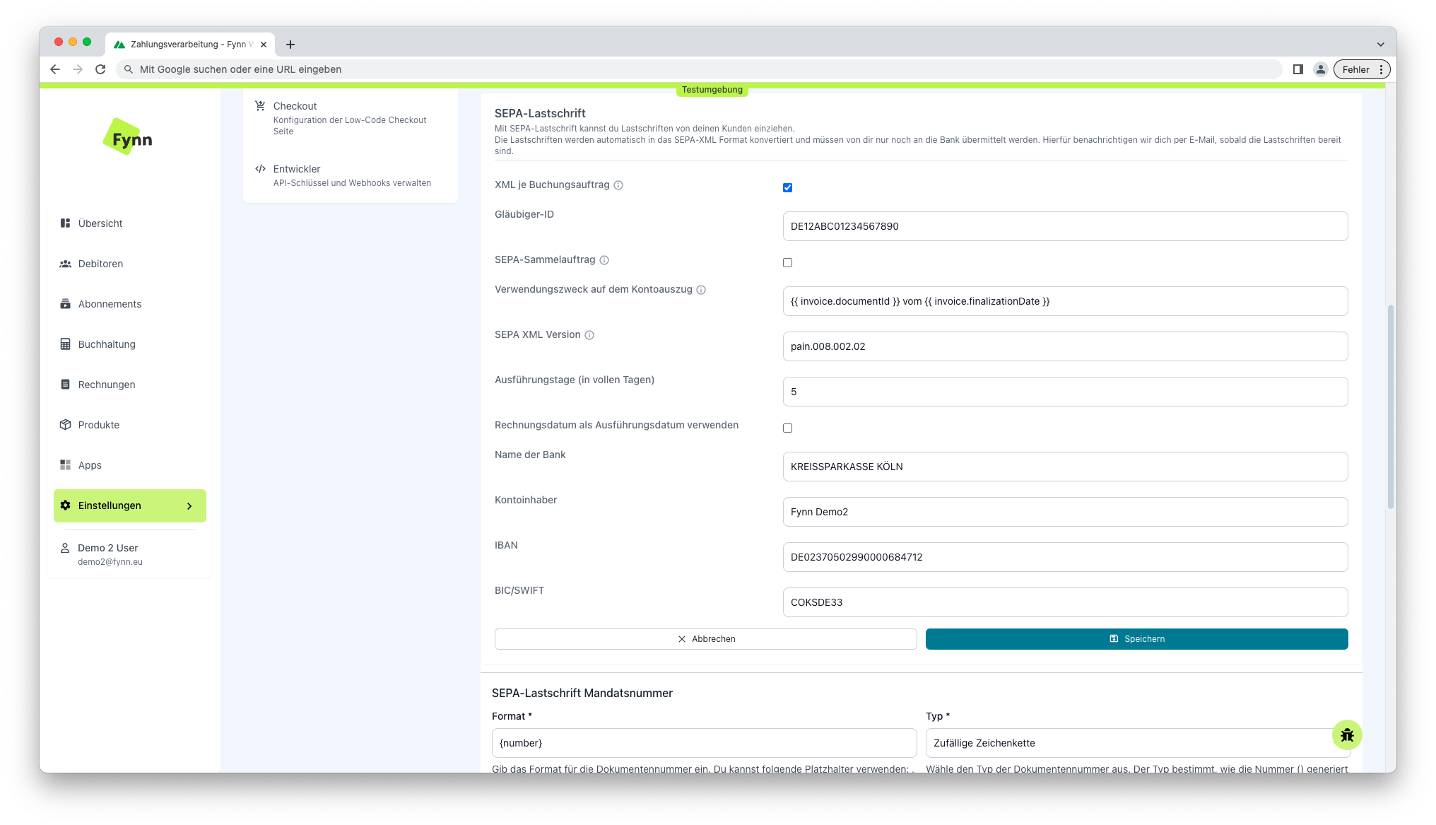 Fynn Tenant Settings SEPA Direct Debit